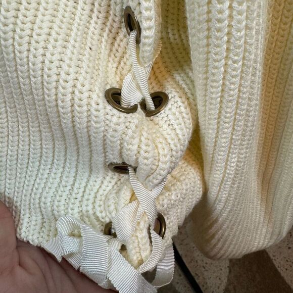 Sundance White Cable Knit Cotton Side Lace Detail Crew Neck Sweater Size Large - Picture 5 of 8